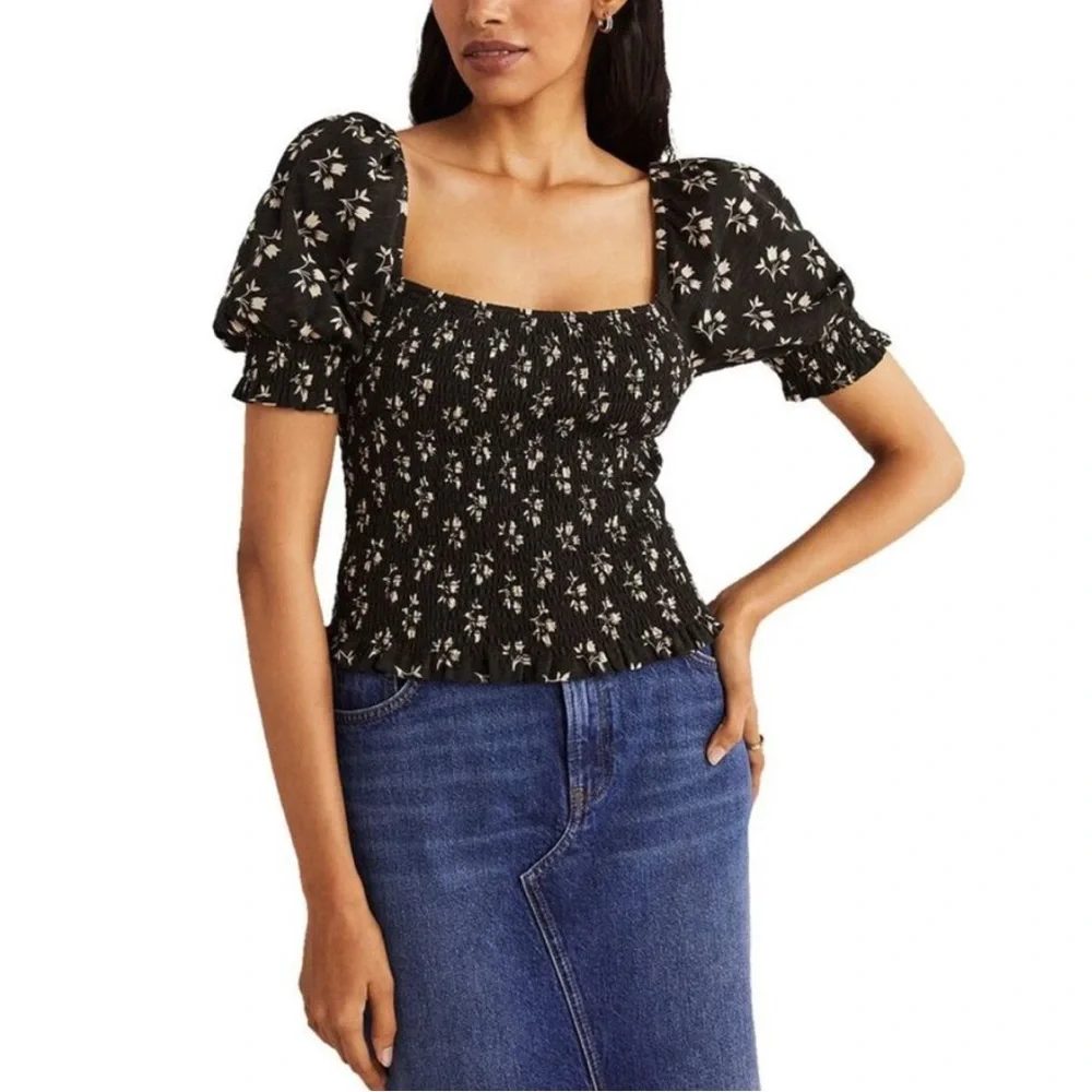 Boden Square Neck Smocked Jersey Crop Top in Black Bud